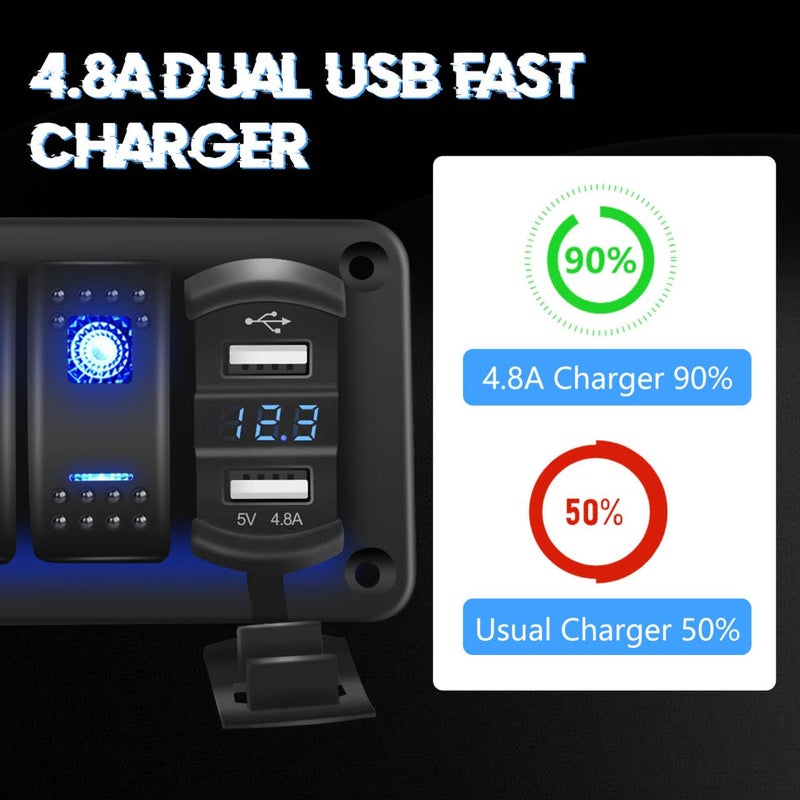 NORTHYUN 4 Gang Rocker Switch Panel with 4.8 A Dual USB Charger and Voltmeter Pre-Wired Waterproof 12V/24V DC Aluminum Switch Panel with 132PCS Night Glow Stickers for Cars UTVs ATVs Trucks Boats RVs - Image 4